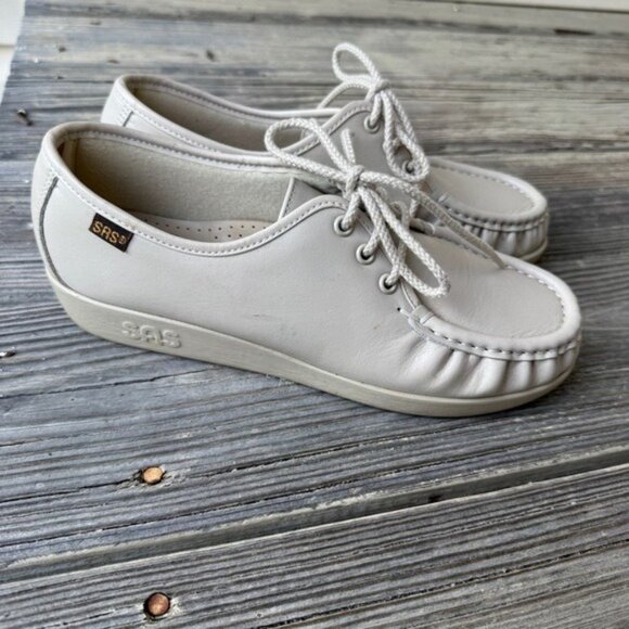 SAS Siesta Lace Up Genuine Leather Loafer Bone Women Size 7.5 Wide Hand Sewn - Picture 13 of 14